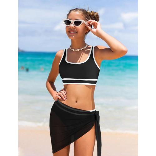 Size S Girls Swimsuit Double Strap High Waist Sporty Bikini Swimsuits Swim Cover Up Skirt 3 Piece Set