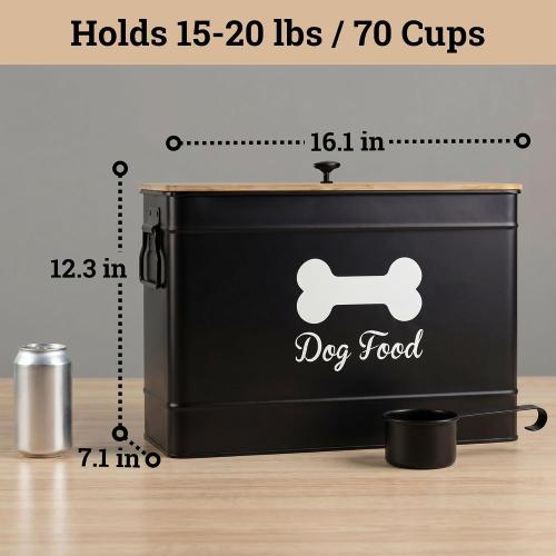 Metal Dog Food Container 15-20 lbs w/ Airtight Bamboo Lid, 70 Cup Capacity