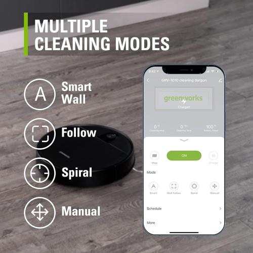 Greenworks Robotic Vacuum GRV-1010 Self-Charging, Wi-Fi Connectivity, 2200Pa Extreme Suction Power, Perfect for Pet Hair, Hard Floors, Carpets, Works with Alexa
