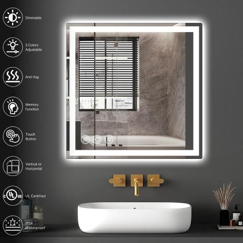 Memobarco LED Bathroom Mirror 24x 24 with Frontlit and Backlit, Anti-Fog Bathroom Vanity Mirror,Stepless 3 Colors Temperature & Dimmable Wall Mounted Mirror,Memory Tempered Glass Mirror for Bathroom