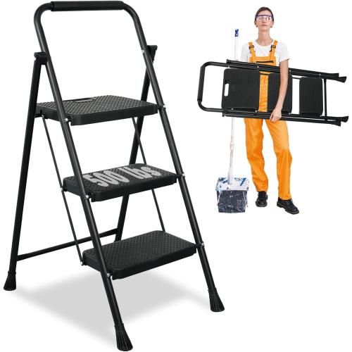 Black 3 Step Ladder, Protable Steel Folding Stool with Wide Anti-Slip Pedal, 500lbs Sturdy Steel Ladder