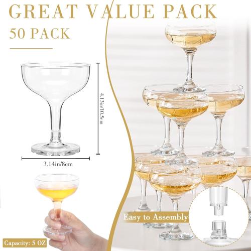 Box damage but items ist new Zopeal 50 Pcs Champagne Glasses 5 oz Unbreakable Plastic Martini Glasses Disposable Wine Cups Stackable Stemmed Champagne Coupe Shatterproof Party Stem Cups for Wedding Birthday Bar (Clear)