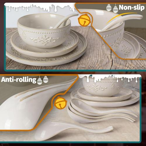 Artena Soup Spoons Set of 4, Asian Ramen Spoon, Chinese Soup Spoons for Dumplings Wonton, White Ceramic Japanese Pho Spoon, Deep Oval Hook Design, Dishwasher Safe (7.35 inch)