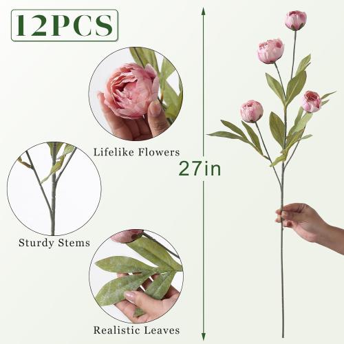 VIERENA 12 Pcs Faux Silk Peony Artificial Flowers for Vase -27, Bulk Fake Peonies Branches with Stems for DIY Bouquet Centerpieces Wedding Fillers Arrangements Shower Decorations (Blush Pink)