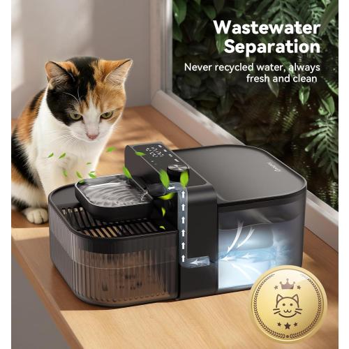 FEELNEEDY Wireless No Filters Cat Water Fountain, Wastewater Separation, Stainless Steel Bowl, 3000mAh 3.5L Pet Water Fountain for Indoor Cats & Dogs Dispenser, Black