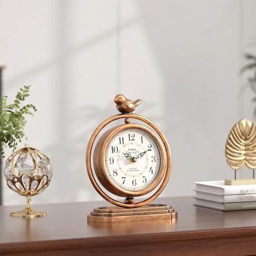 Gold Vintage Table Clock with Bird, European Retro Style Mantel Clocks, Desk and Shelf Decor Clock, for Living Room, Farmhouse, Bedside, Bedroom, Gift (7.9 H x 6.3 W)