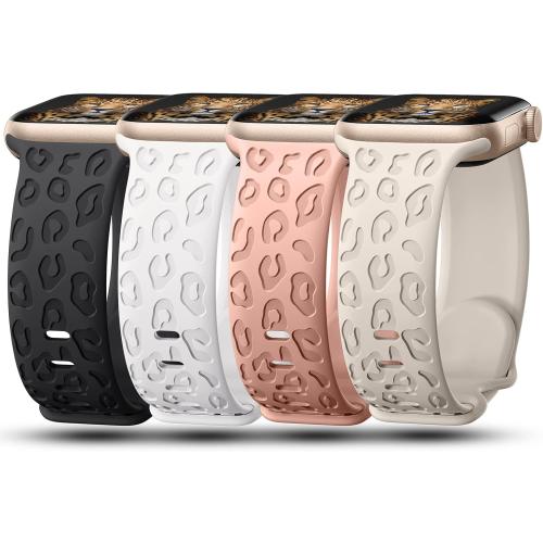 4Pack Leopard Engraved Bands Compatible with Apple Watch Band for women 40mm 41mm 42mm 38mm 44mm 45mm 46mm 49mm, Soft Silicone Cheetah Sport Strap for iWatch Series 10 9 8 7 6 5 4 3 2 1 Ultra/2 SE