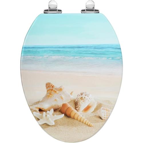 Angol Shiold Elongated Toilet Seat Molded Wood Toilet Seat with Quietly Close and Quick Release Hinges, Easy to Install also Easy to Clean (Elongated, Beach)