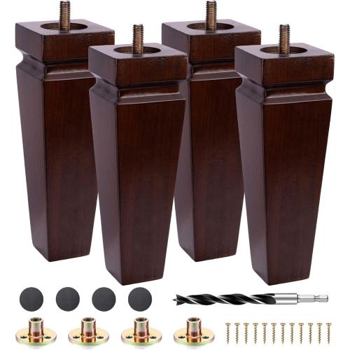 Square Wood Furniture Legs Set of 4 - Wooden Replacement Feet for Couch, Bed, Bench, Dresser, Rubber Wood Parts for Table, Sofa, Wooden Legs Chairs Complete with Installation Hardware (Brown, 8 inch)
