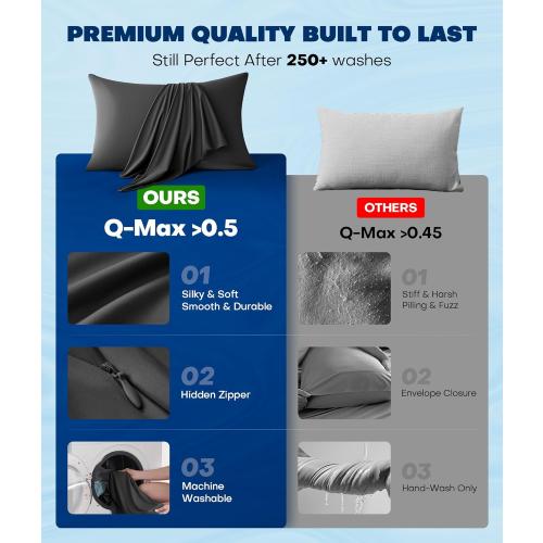 Ultra-Chill Cooling Pillowcase Set of 2 for Hot Sleepers, Softer Than Silk Pillow Cases for Protecting Hair & Skin, Breathable Bed Pillow Covers w/Zipper, Gifts for Women Men (Black, Queen)