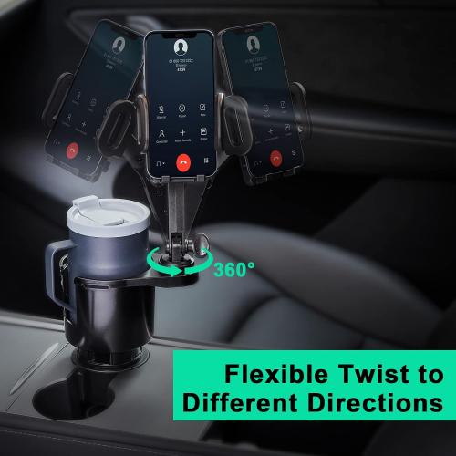 This Hill Car Cup Holder Expander Adjustable Base with Phone Mount 360° Rotation Cup Holder Cell Phone Holder for Car Compatible with iPhone All Smartphones