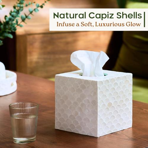 5.8” Capiz Tissue Box Cover, Square Decorative Tissue Holder with Bottom Slider, Handmade Bathroom Accessories, Elegant White Cube for Vanity, Bedroom, Office & Coastal Décor (Natural)