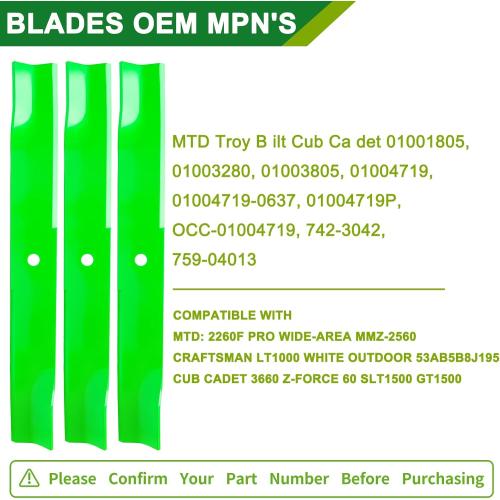 01004719 01004719P 01001805 01003280 01003805 01004719-0637 High Lift Mower Blades for 60 inch Mower Deck Compatible with A riens Cub Ca det Z-Force MTD LT1000 SLT1500 GT1500 (3pack)