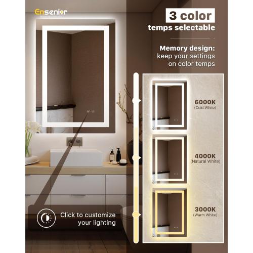 Ensenior LED Bathroom Mirror 30x 36 with Front and Backlight, Stepless Dimmable Wall Mirrors with Anti-Fog, Shatter-Proof, Memory, 3 Colors, Modern LED Vanity Mirror-FCC