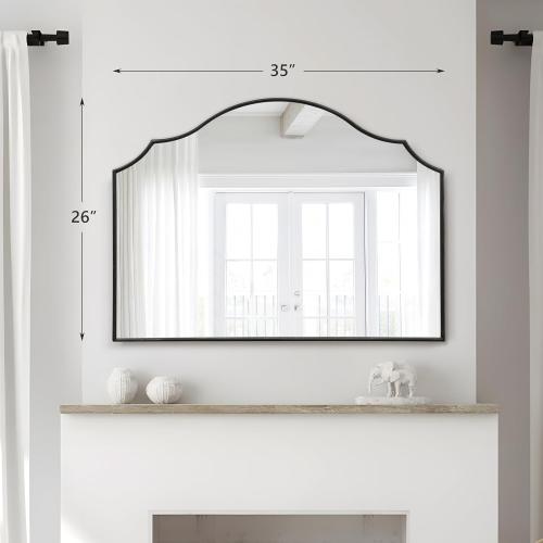 Besdomus Scalloped Arched Mirror for Mantel: 35x26 Black Modern Wooden Wall Mirror - Minimalist Decorative Dresser for Vanity/Bathroom/Bedroom/Fireplace/Living Room/Entryway - Stylish Home Decor