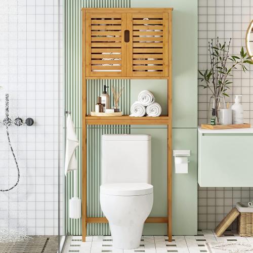 VIAGDO Over The Toilet Storage Cabinet, Tall Bathroom Cabinet Organizer with Cupboard and Adjustable Shelves, Freestanding Toilet Shelf Space Saver Rack Stand for Laundry Room, Balcony, Bamboo