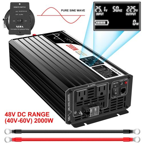 Black Xijia Pure sine Wave Inverter 2000W 48 Volt dc to 120 Volt ac Inverter (Peak Power 4000W) rv Converter 60HZ with Soft Start for car &Camping (DC48V (Range 40V-60V) 2000W)