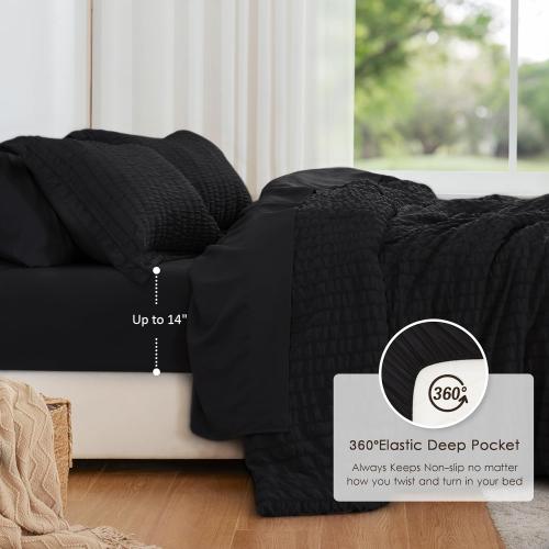 Love's cabin Seersucker Black California King Comforter Set, 7-Piece All Season Lightweight Bed in a Bag Bedding Set with Comforter, Flat Sheet, Fitted Sheet, Pillowcases and Shams
