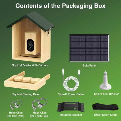 Wooden Squirrel Feeder with Camera, Solar-Powered, 2K HD  Video | Cloud Storage, Large Capacity, Ideal for Squirrel Lovers