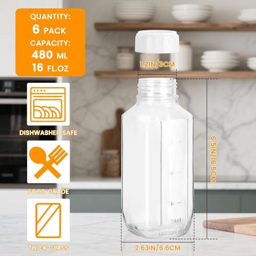 6 Pack 16oz Glass Juice Bottles with Lids, Reusable Milk Containers, Glass Drinking Jars for Juice, Bubble Tea, Smoothie, Tea, Kombucha