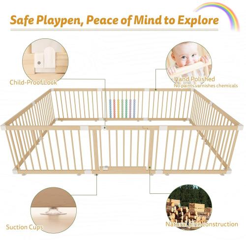 IKALIFE Extra Large Wooden Baby Playpen - Size Adjustable Fence for Babies and Toddlers, Baby Play Yard with Locking Gate, Indoor Play Pen for Kids Activity Center 10 Panels 94.5”×63.5”