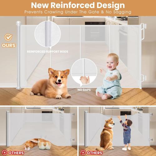 Reinforced Retractable Baby Gate or Mesh Dog Gate,Easy to Use for Stairs, Doorways, Hallways, Indoor, Outdoor, Wide Pet Gate 33.5 Tall, Extends to 55 Wide, White