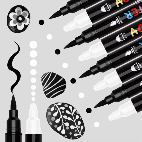 Black and White Paint Marker, 8 Pack Dual Tip Acrylic Paint Pens with Medium Tip and Brush Tip, Ideal for Wood, Rock Painting, Canvas, Stone, Glass, Ceramic