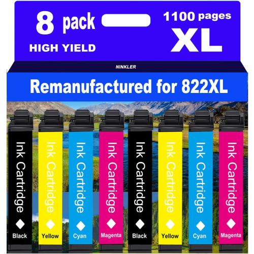 Remanufactured for Epson 822 Ink Cartridges for 822XL T822 Workforce Pro WF-3820 WF-3823 WF-4820 WF-4830 WF-4833 WF-4834 Printer 8 Pack 2 Black 2 Cyan 2 Magenta 2 Yellow
