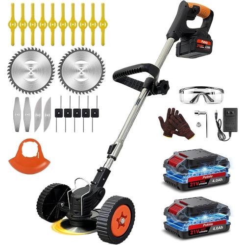 ORANGE AND BLACK Cordless Electric Weed Wacker with Wheels, 3-in-1 Lightweight Weed Eater/Brush Cutter/Grass Trimmer Battery Powered, Includes 21V 2×4.0Ah Batteries, 5 Types Blade & Charger, for Lawn Yard Garden