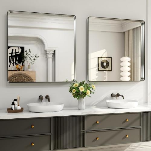 LOAAO 36X36 Inch Brushed Nickel Bathroom Mirror, Rounded Rectangle Silver Metal Frame Mirror, Brushed Nickel, Anti-Rust, Shatter Proof, Hangs Horizontally or Vertically