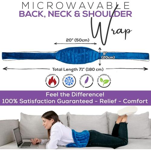 Microwave Heating Pad for Lower Back Pain Relief 20 x 8 with 71 Ties - Cordless Microwavable Moist Heat Therapy Pads - Calming Heat Wrap for Neck & Shoulder - Flaxseed Rice Hot Heat Pack (Med Blue)