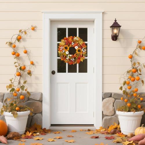 Fall Wreath for Front Door, 22-24 Autumn Wreath with Sunflower, Pumpkin, Berry. Artificial Home Decorations for Indoor Outdoor Window Wall Porch,UV Resistant Seasonal Decor for Thanksgiving Halloween