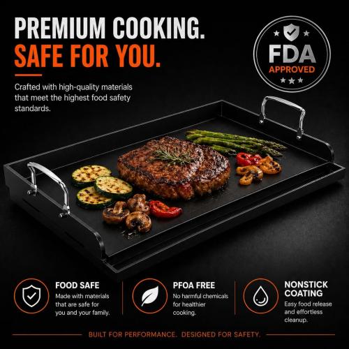 Cast Iron Griddle for Gas Grill, 25 x 16 Nonstick Flat Top Grill Griddle Plate, No Seasoning Required, Heavy Duty Outdoor BBQ Griddle with Grease Drain for Camping, Tailgating and Backyard Cooking