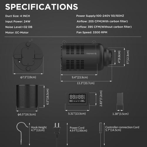 4 Inch Inline Duct Fan with EC Motor and Built-in Carbon Filter, Duct Fan Kit with Temperature Humidity Controller, Grow Tent Kits Ventilation System with Carbon Filter Combo