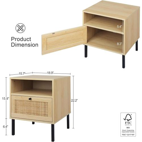 Angel Sar Rattan Nightstands Set of 2, Boho Night Stand with 1 Door, Accent End Table, Wood Bediside Table with Metal Legs&Open Shelf, Natural Wood