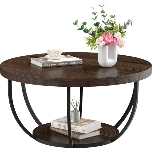 Round Coffee Table, 31 Coffee Table for Living Room Decor, 2-Tier Storage with Steel Frame, Space-Saving Wood Center Table, Modern Style Easy Assembly (Dark Coffee)