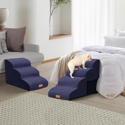 Dog Stairs for Small Dogs,4-Step,Foam Dog Steps&Ramps for Couch/High Beds with Waterproof &Removable Cover, Non-Slip, Blue