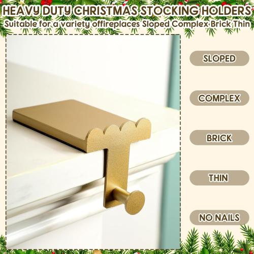 4 Pcs Heavy Duty Christmas Stocking Holders Scalloped Brass Non-Slip Mantel Fireplace Stocking Hangers for Xmas Counter Tables Fireplace Mantle Decoration