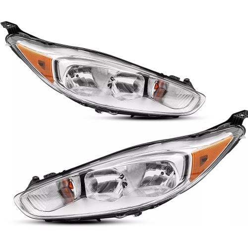 Pair Headlights Assembly With Bulbs For 2014-2019 Ford Fiesta S SE ST Sedan Hatchback Halogen Replacement Front Headlamps Chrome Housing Amber Reflector Clear Lens(LH&RH)