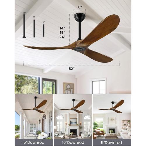 52 Inch Ceiling Fan no Light, Outdoor Ceiling Fans Without Lights for Patios, 3 Blade Solid Wooden Propeller Modern Ceiling Fan with Remote Control for Farmhouse Living Room Bedroom Dark Walnut