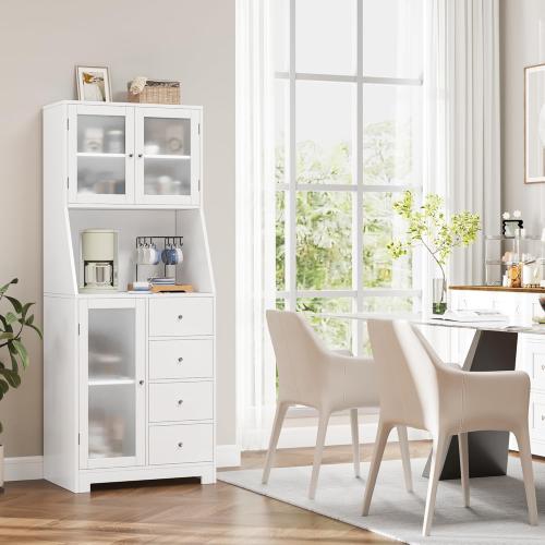 Color White  Size 64.2H Kitchen Pantry with Microwave Shelf, Cabinets and 4 Drawers, White