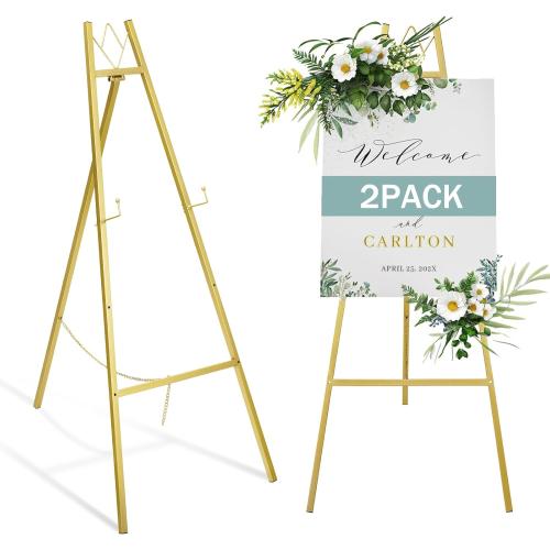 GRENTY Gold Easel Stand for Wedding Signs – No Assembly Needed, Heavy Duty Metal Display Stand for Art, Welcome Signs, Posters, Pictures, Paintings, and Floor Décor