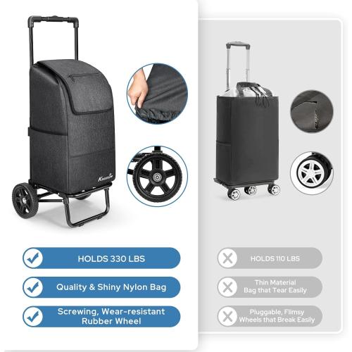 KEDSUM 2 in 1 Shopping Cart for Groceries, 330 lbs Grocery Cart on Wheels, Foldable Utility Carts with Wheels, Load-Bearing Hand Truck with Black Waterproof Bag for Shopping, Camping, Laundry, Garden