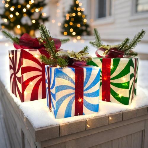 COLORFUL CANDY CANE Uieke Set of 3 Christmas Lighted Gift Boxes Christmas Decorations, 60 LED Lights Present Boxes Ornament with Red Green and Blue Stripe for Xmas Tree Indoor Yard Home Party Gift Box Decorations