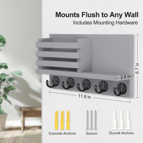 Key Holder for Wall – Decorative Wooden Mail Holder and Key Shelf with Mounting Hardware, Installation Guide – Paulownia Wood with 5 Metal Key Hooks (11.8” x 6.7” x 2.8”)