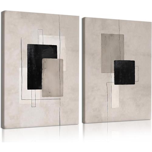 Kdyudo 2 Pcs Large Minimalist Block Line Canvas Framed Wall Art Neutral Abstract Print Poster Wall Decor Black Beige And Brown Geometric Square Line Painting Pictures Living Room Bedroom 16x24 Inch