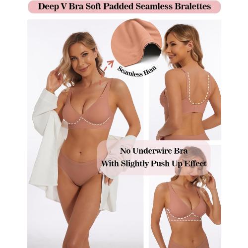 Size M BOUFOR Deep V Bra Low Cut Sexy Push Up Bralette Seamless Comfy Smoothing Wireless Bras for Women Pack of Padded Bralettes