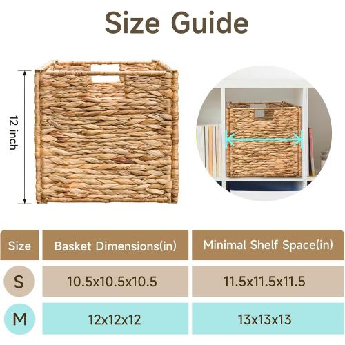 12x12x12 Storage Cube, Water Hyacinth Storage Baskets, Wicker Storage Baskets for Shelves, Woven Baskets for Storage, Square Wicker Storage Basket for Living Room (2 Packs 12x12in)