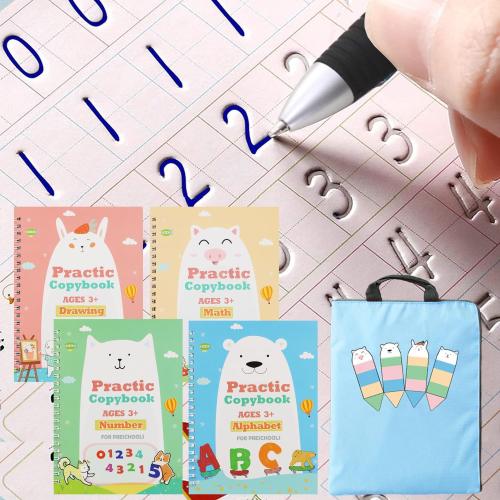 Upgraded Large Size Magic Practice Writing Copybook, Reusable for Kids, Reusable Copybook Preschool for Kids Age 3-8 ​Calligraphy(4 Books with Pens)-Blue Bag