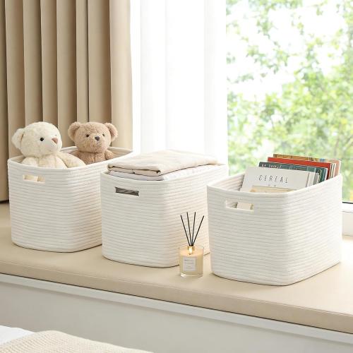 3 Pack Woven Storage Baskets for Shelves, Organizing Bins,Gift Baskets for Toys/Books/Towels/Clothes,Storage box for Nursery,Bedroom&Living Room Home Organization(White)